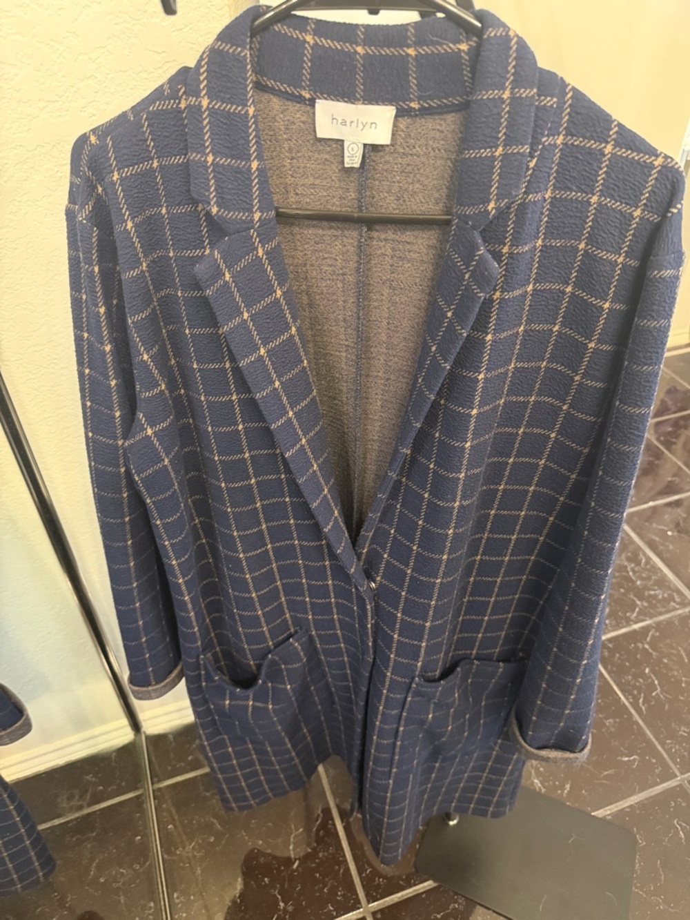 HARI Navy Check Open-Front Knit Blazer